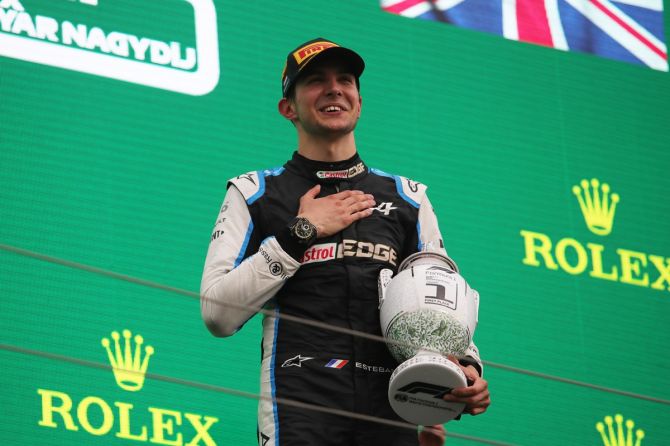 Race winner Esteban Ocon of France and Alpine F1 Team celebrates on the podium after the F1 Grand Prix of Hungary, at Hungaroring in Budapest, on Sunday.