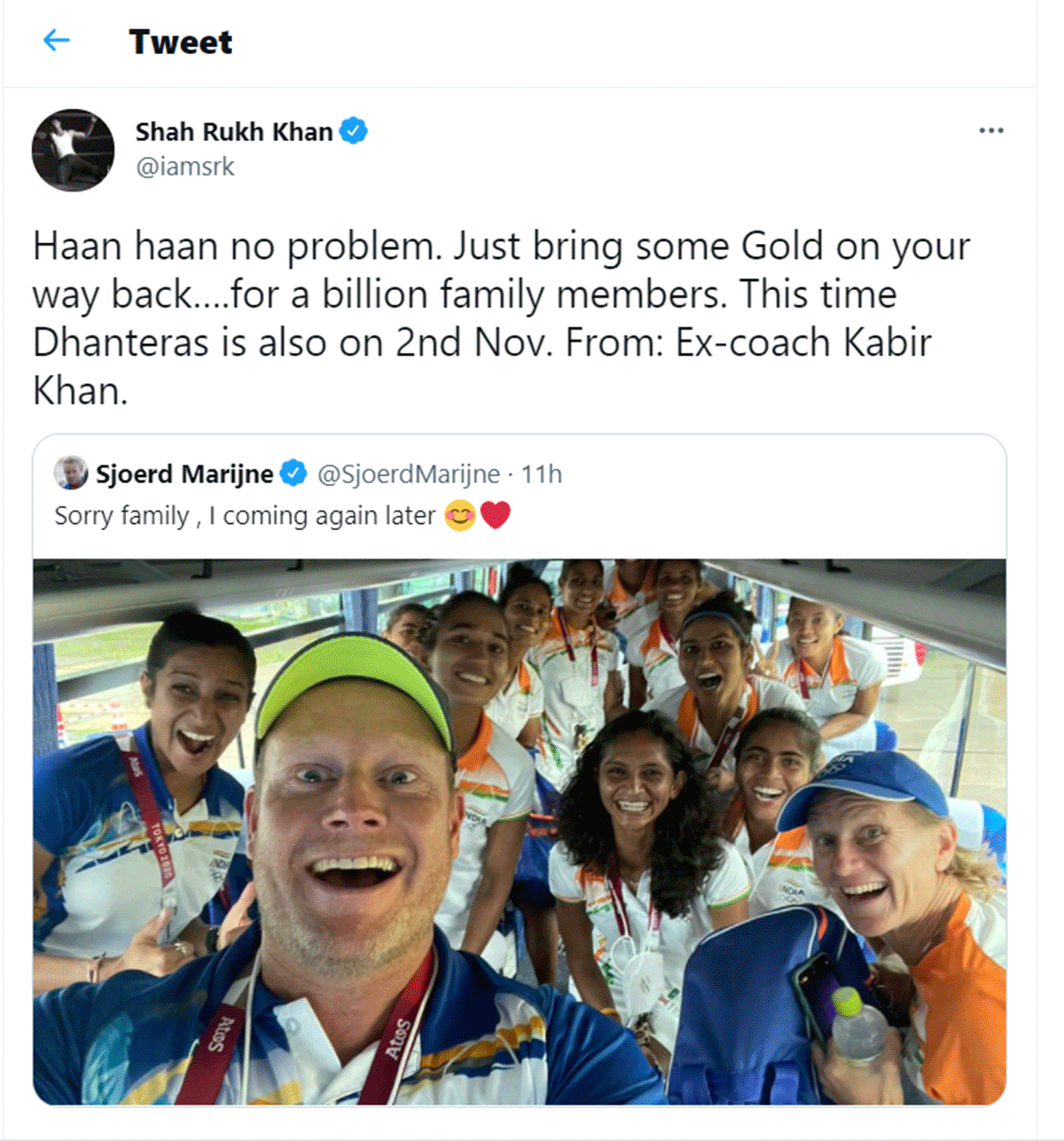 Shah Rukh Khan replies to tweet by coach Marijne