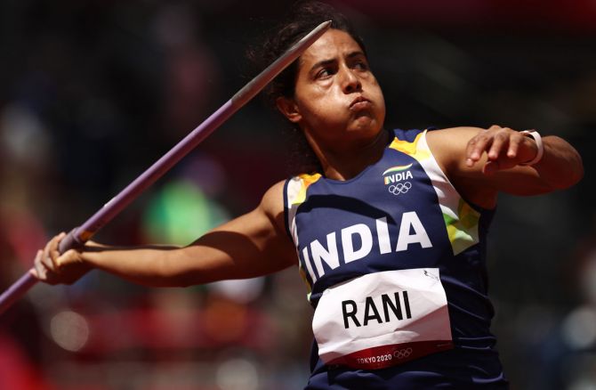 India's Annu Rani competes in the Olympics women's Javelin Throw qualification, at Olympic Stadium in Tokyo, on Tuesday