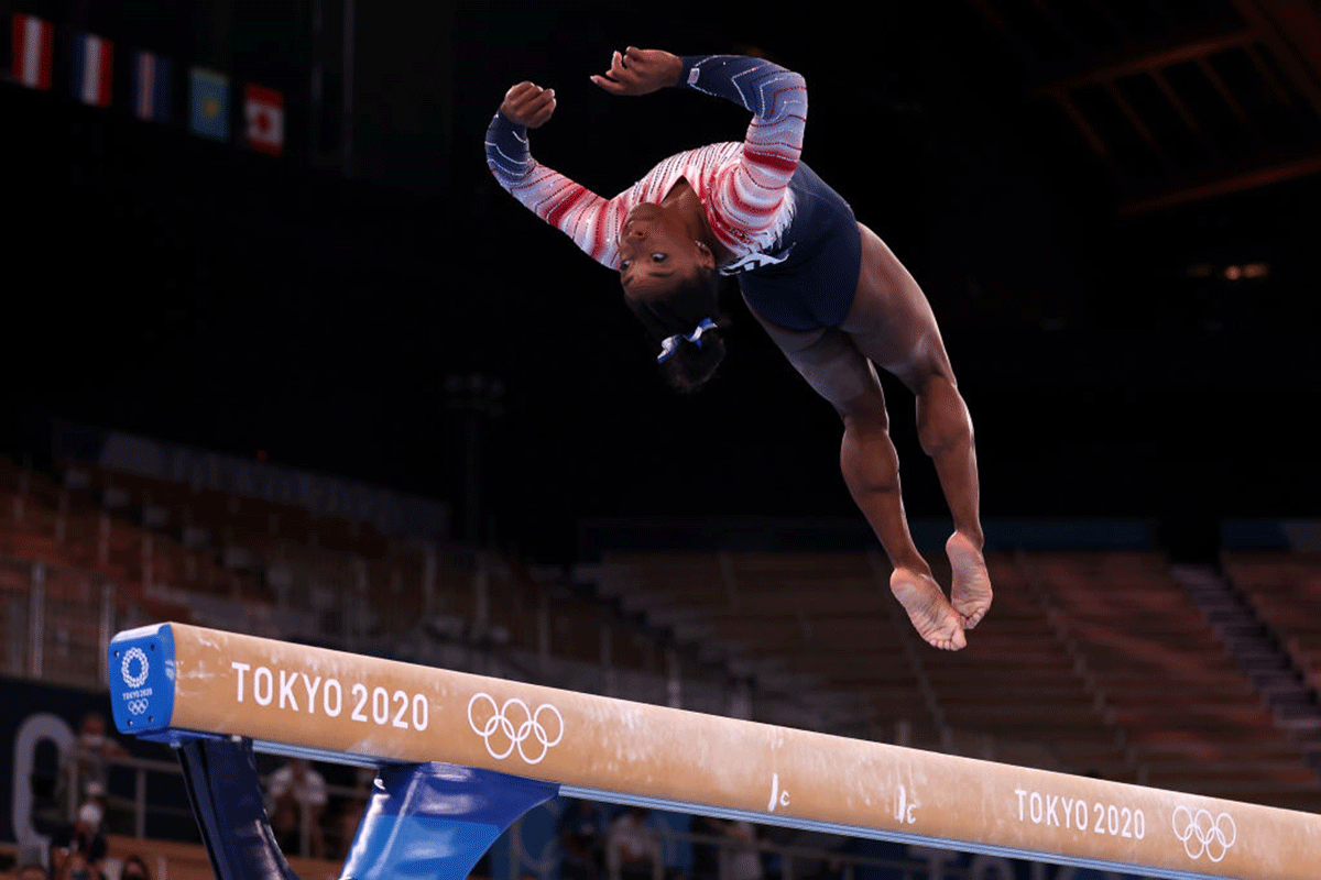 USA's Simone Biles competes in the Women's Balance Beam Final on day eleven of the Tokyo 2020 Olympic Games at Ariake Gymnastics Centre in Tokyo, on Tuesday