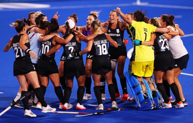 Argentina players celebrate after defeating India in the Olympics women's hockey semi-final on Wednesday. 