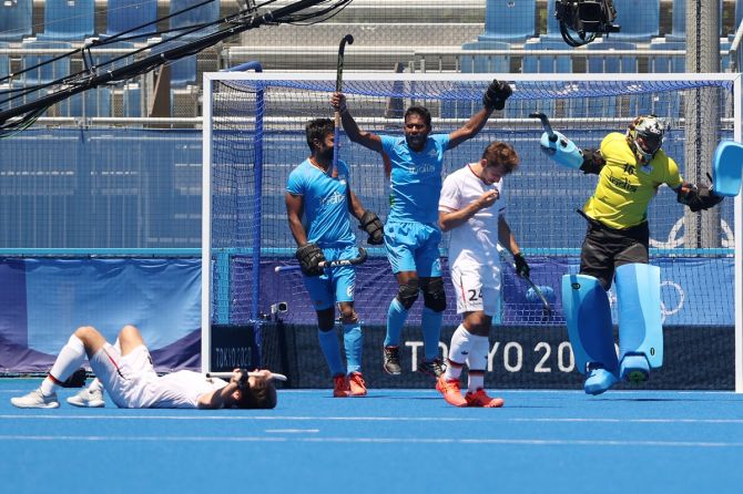 Goalkeeper P R Sreejesh breaks into celebration with his India teammates after victory over Germany is clinched in the Olympics men's hockey bronze medal play-off, at Oi Hockey Stadium in Tokyo, on Thursday.