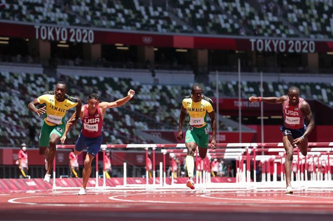 Jamaica's Hansle Parchment finishes first in the Olympics men's 110m Hurdles final, at Olympic Stadium in Tokyo, on Thursday.
