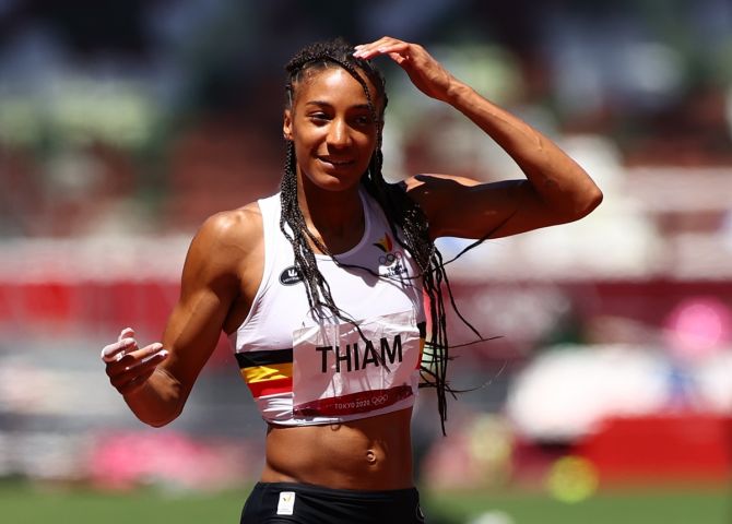 Belgium's Nafissatou Thiam reacts after making sure of the gold medal in the Olympics women's heptathlon.
