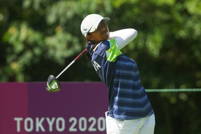 India's Aditi Ashok plays her shot from the second tee during the third round of the Olympics women's Individual Stroke Play golf, at Kasumigaseki Country Club in Kawagoe, Japan, on Friday.
