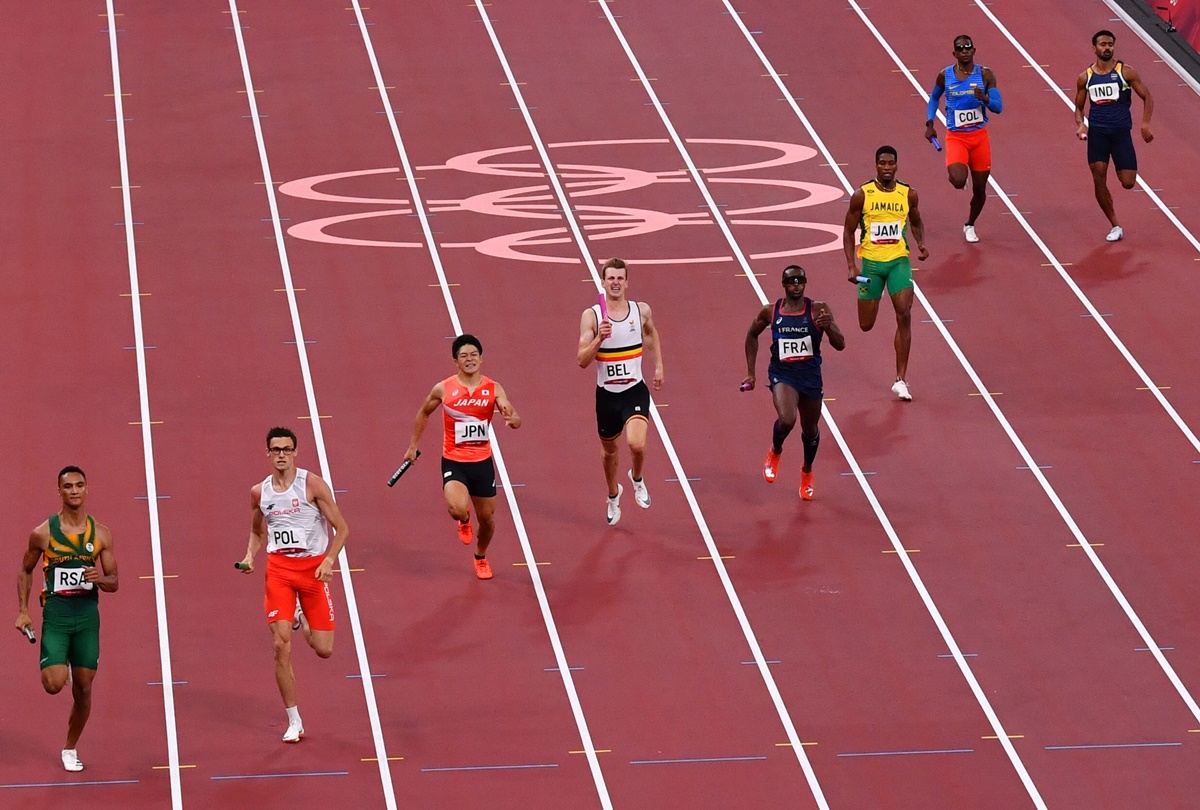 India's Amoj Jacob, far right, runs the last leg in the Olympics men's 4 x 400m Relay Heat 2, at Olympic Stadium, in Tokyo, on Friday.