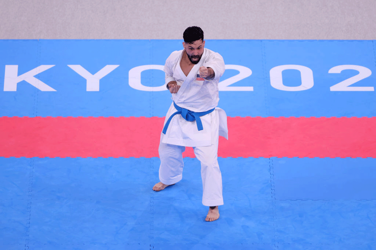 USA's Ariel Torres Gutierrez competes during the Men’s Karate Kata Bronze Medal Bout 1 at the Tokyo 2020 Olympic Games at Nippon Budokan in Tokyo on Friday