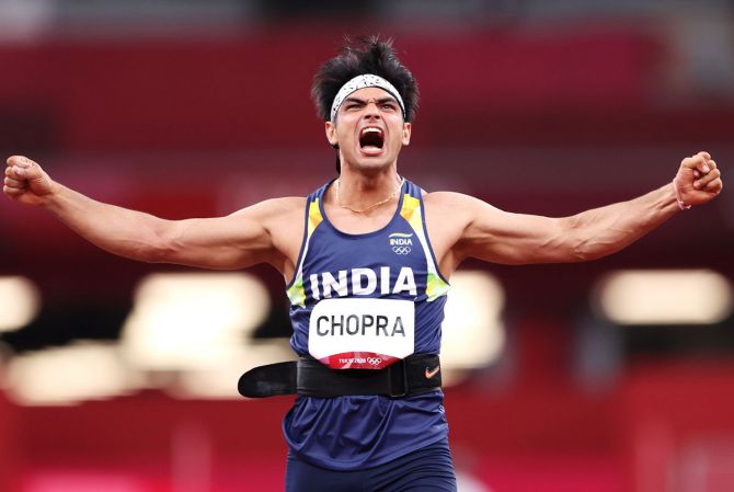 India's Neeraj Chopra reacts after his second attempt in the Olympics men's Javelin Throw final, at Olympic Stadium in Tokyo, on Saturday. 