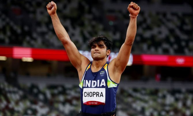 Neeraj Chopra celebrates after his throw of 87.58 metres 