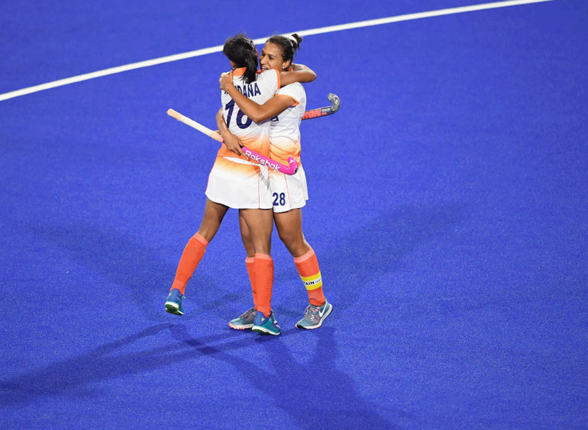 Rani Rampal celebrates with  Vandana Kataria. Vandana had scored a hat-trick against South Africa in the group stages of the Olympics, becoming the Indian to achieve the feat before netting another one against Great Britain in the bronze medal play-off on Friday