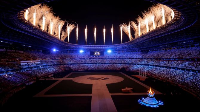 A General view of the fireworks during the closing ceremony at Olympic Stadium in Tokyo on Sunday