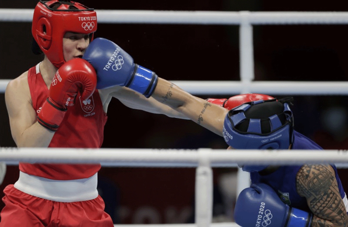Kellie Harrington of Ireland in action against Beatriz Iasmin Ferreira of Brazil during the Olympics Boxing Women's Lightweight final at the Kokugikan Arena in Tokyo, on Sunday
