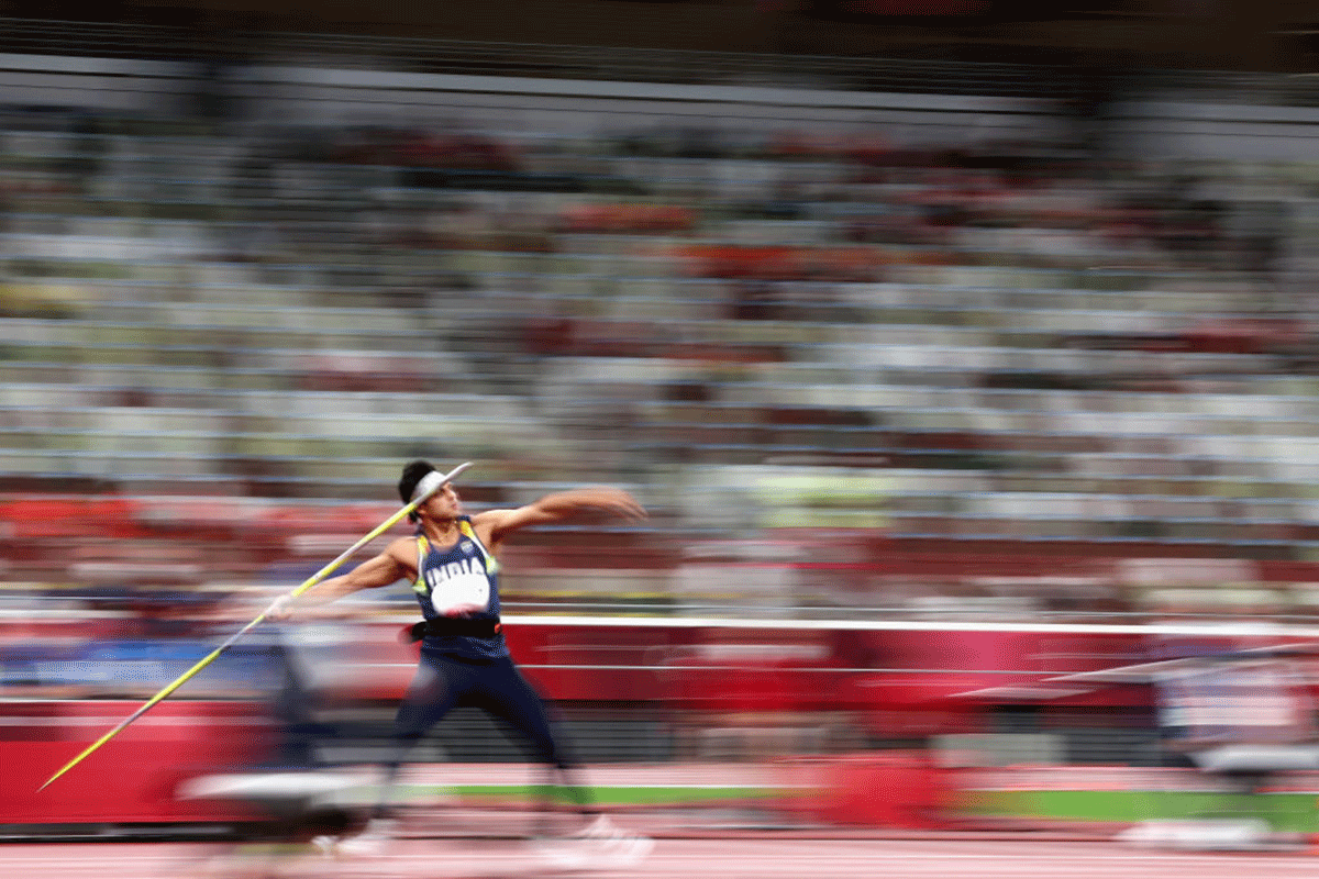 India's Neeraj Chopra competes in the Men's Javelin Throw Final at the Tokyo 2020 Olympic Games at Olympic Stadium in Tokyo on Saturday