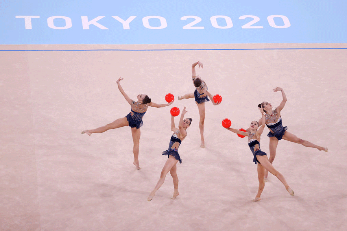  Team Bulgaria competes during the Group All-Around Final at Ariake Gymnastics Centre in Tokyo, on Sunday