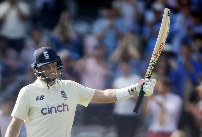 England captain Joe Root celebrates scoring 150 runs on Day 3 of the second Test against India, at Lord's Cricket Ground, in London, on Saturday.