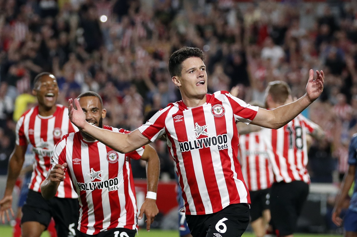 Christian Norgaard celebrates scoring Brentford's second goal. 