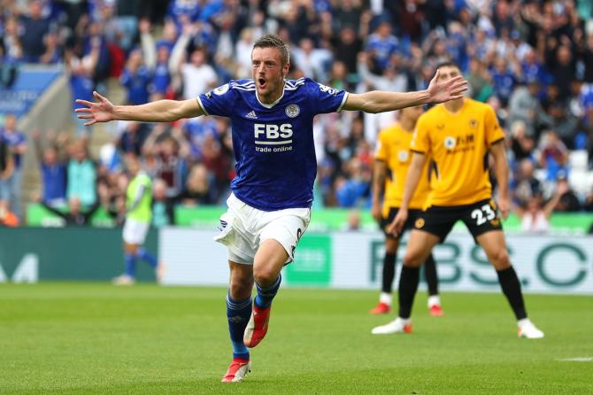 Jamie Vardy celebrates after scoring for Leicester City during the Premier League match against  Wolverhampton Wanderers, at The King Power Stadium in Leicester, on Saturday.