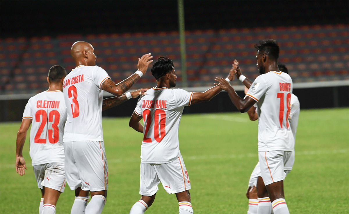 Bengaluru FC players celebrate with Jayesh Rane after scoring the winner against Club Eagles at the National Stadium, in Male, Maldives, on Sunday