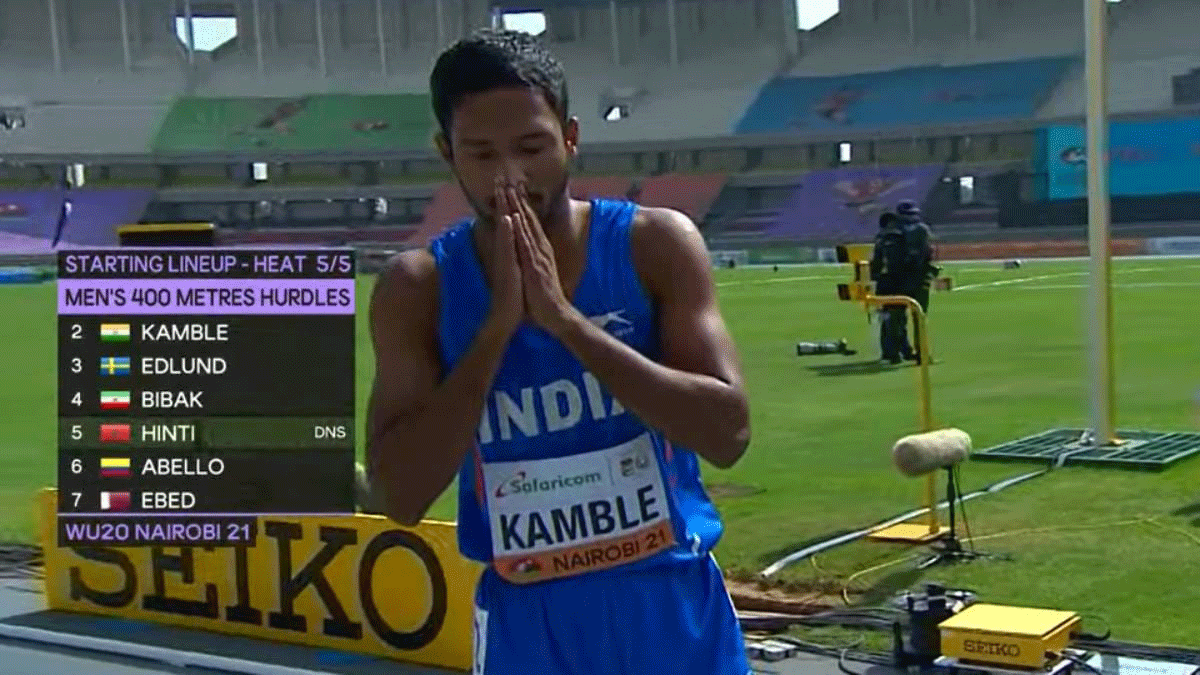 India’s Rohan Kamble celebrates after entering the final of the 400m hurdles at the World Athletics U-20 Championships in Nairobi on Thursday.