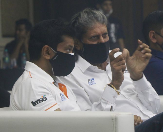 Kapil Dev and Narain Karthikeyan at the launch of the Formula Regional Championship in Mumbai on Thursday