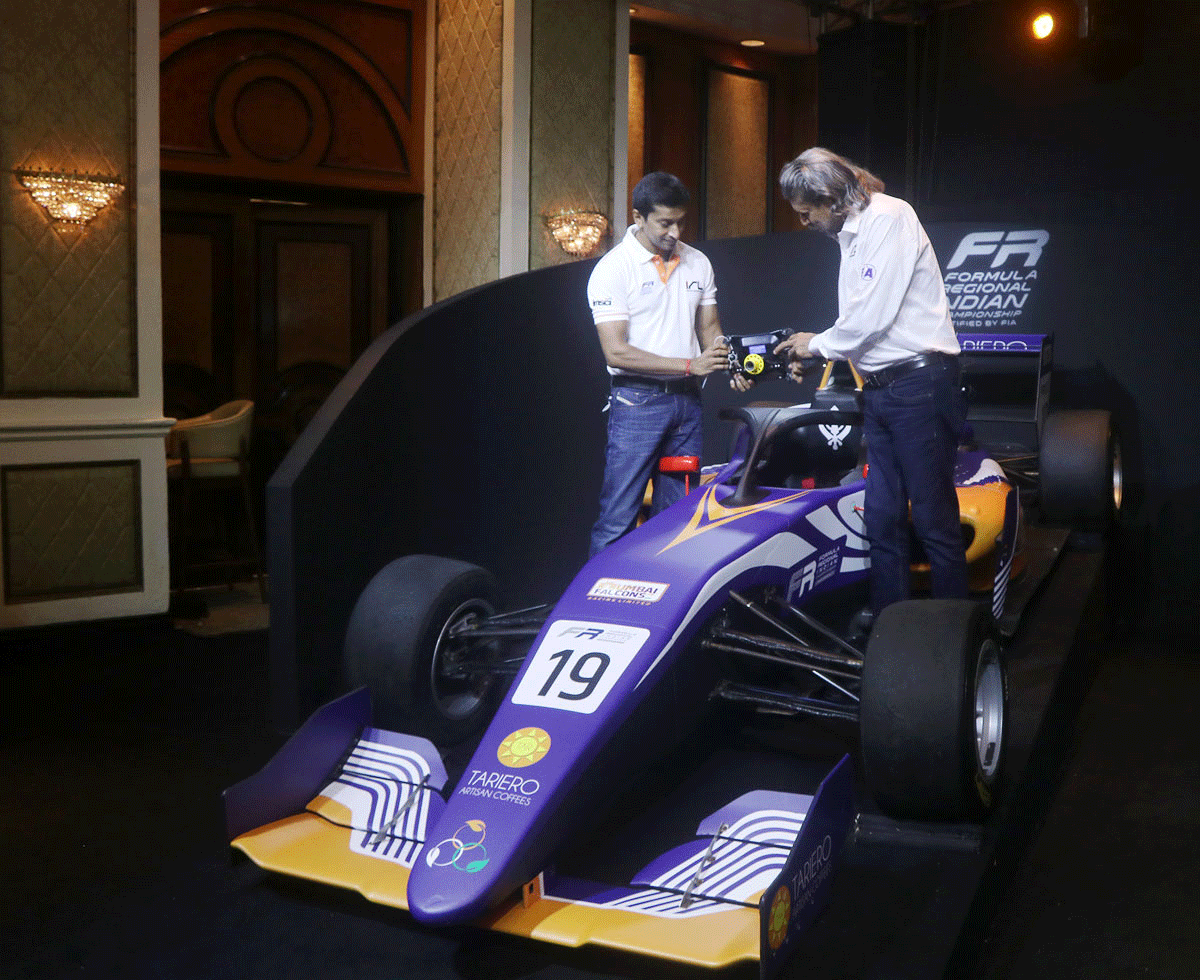 Kapil Dev and Narain Karthikeyan at the launch of the Formula Regional Championship in Mumbai on Thursday