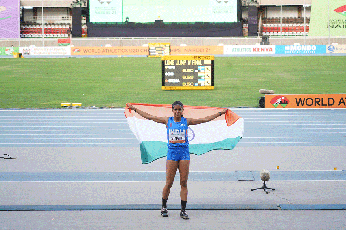 India's long jumper Shaili Singh celebrates with the Indian tricolour after winning silver at the World U-20 Championships in Nairobi on Sunday