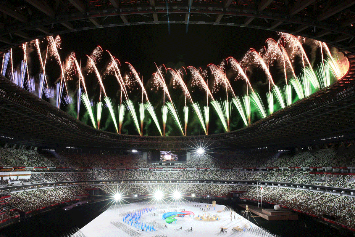 Fireworks explode during the opening ceremony of the Tokyo 2020 Paralympic Games at the Olympic Stadium in Tokyo on Tuesday