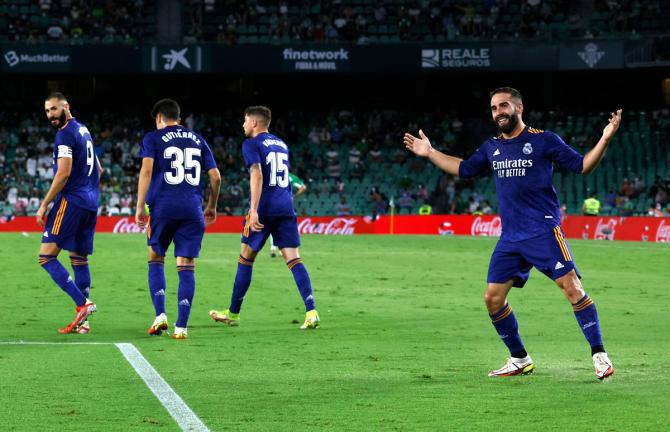 Daniel Carvajal celebrates scoring Real Madrid's only goal against Real Betis, at Estadio Benito Villamarin, Seville, Spain, on Saturday.