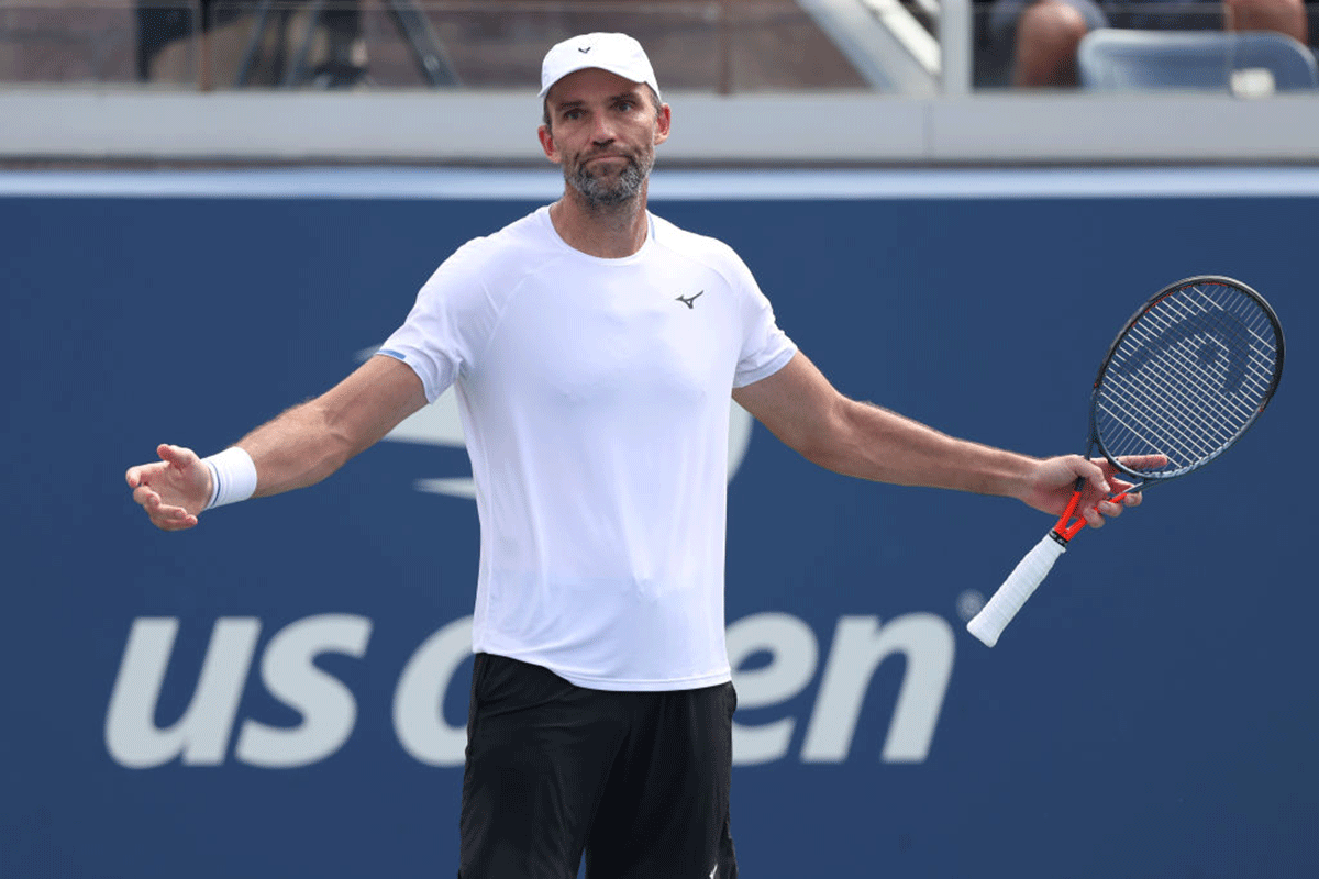 Ivo Karlovic reacts during his match against Andrey Rublev 