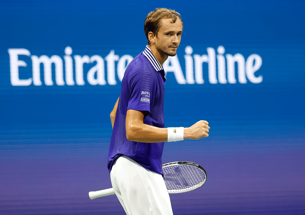 Russia's Daniil Medvedev reacts after breaking the serve against Frenchman Richard Gasquet during their first round match
