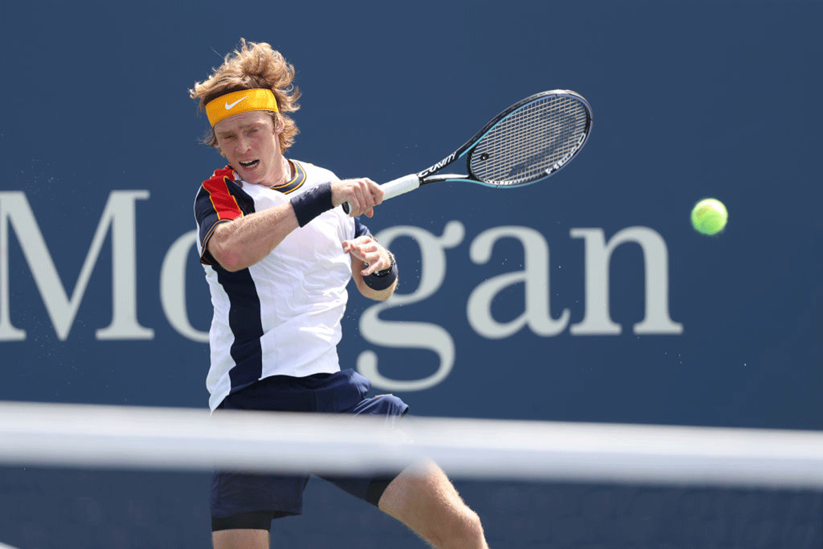 Russia's Andrey Rublev returns against Croatia's Ivo Karlovic