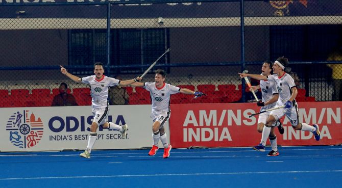 Germany's players celebrate after scoring early against India in the semi-finals of the Junior Hockey World Cup in Bhubaneswar on Friday. 