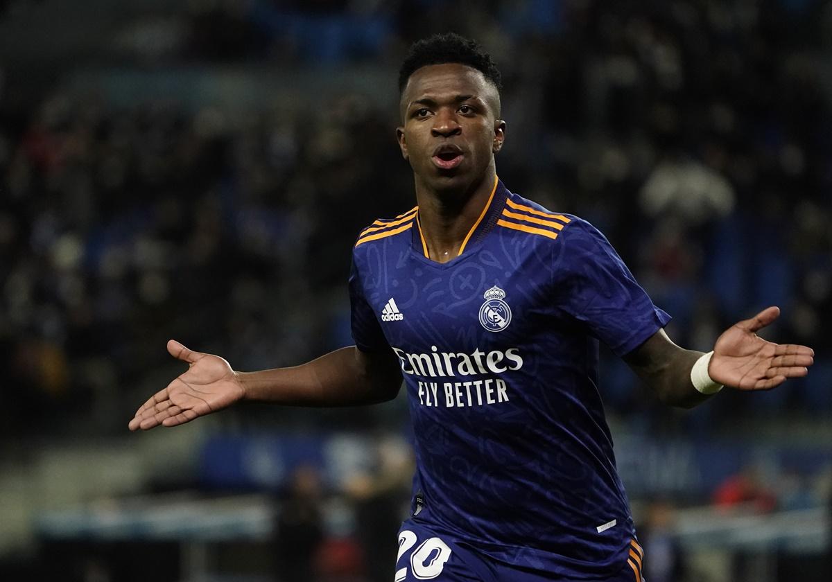 Vinicius Junior celebrates scoring Real Madrid's first goal against Real Sociedad, at Reale Arena, San Sebastian, Spain, on Saturday.