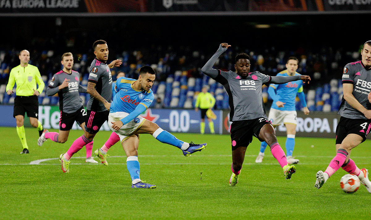 Napoli's Adam Ounas scores their first goal against Leicester City in their Europa League Group C match at Stadio Diego Armando Maradona, Naples, Italy. 