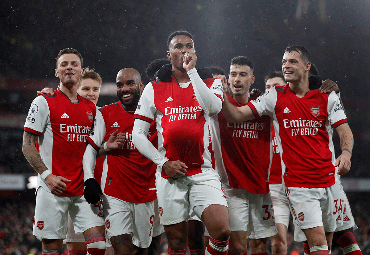 Arsenal's Gabriel celebrates with teammates on scoring their third goal against Southampton