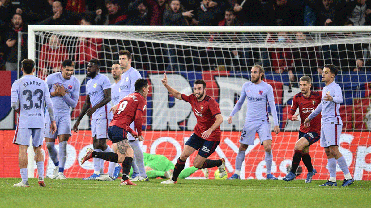 Osasuna's Ezequiel Avila celebrates after scoring the late equaliser against FC Barcelona in their La Liga match at Estadio El Sadar in Pamplona, Spain, on Sunday