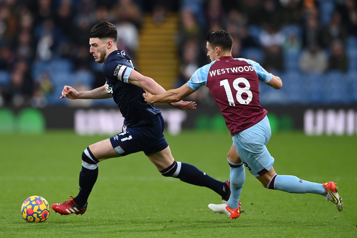 West Ham United captain Declan Rice (left) and Burnley's Ashley Westwood