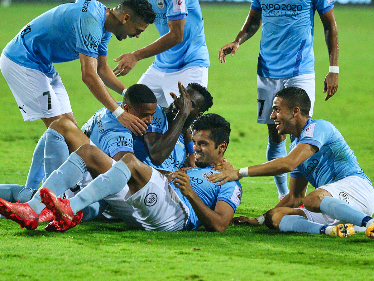 Rahul Bheke celebrates with his ecstatic teammates after scoring the winner against Chennaiyin FC during their ISL match on Wednesday