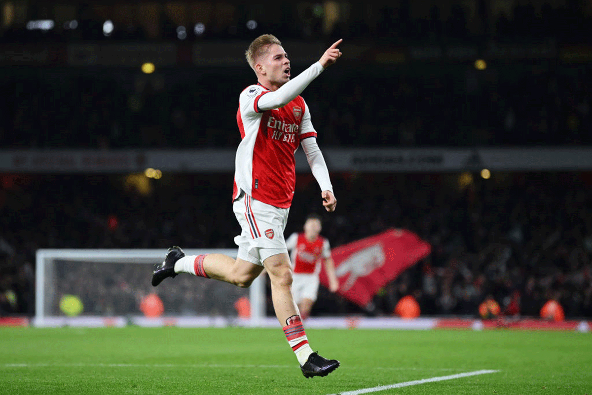 Arsenal's Emile Smith Rowe celebrates after scoring their team's second goal during the Premier League match against West Ham United at Emirates Stadium in London on Wednesday