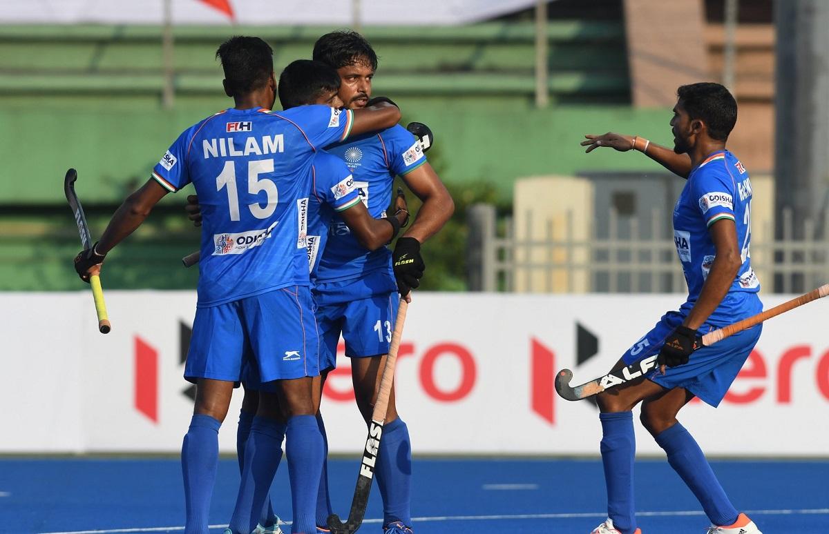 India celebrate Harmanpreet Singh's goal