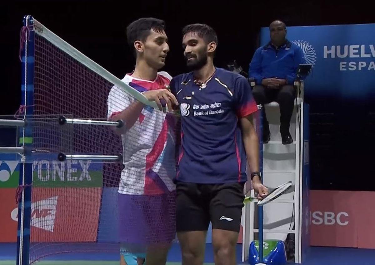 Kidambi Srikanth, right, is congratulated by Lakshya Sen after winning the semi-final match