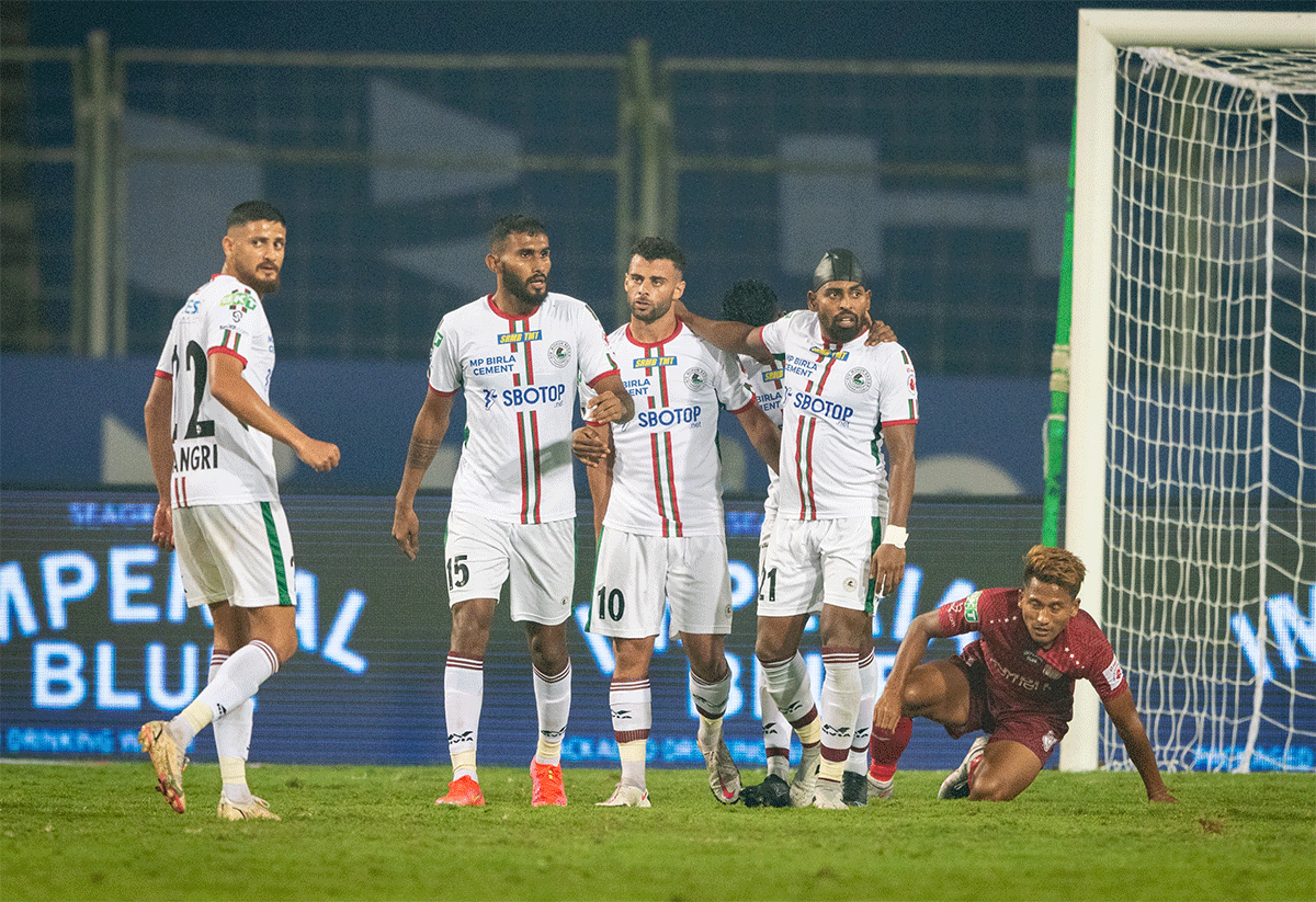 ATK Mohun Bagan players celebrate Adnan Hugo's goal against NorthEast United FC at Margao on Tuesday