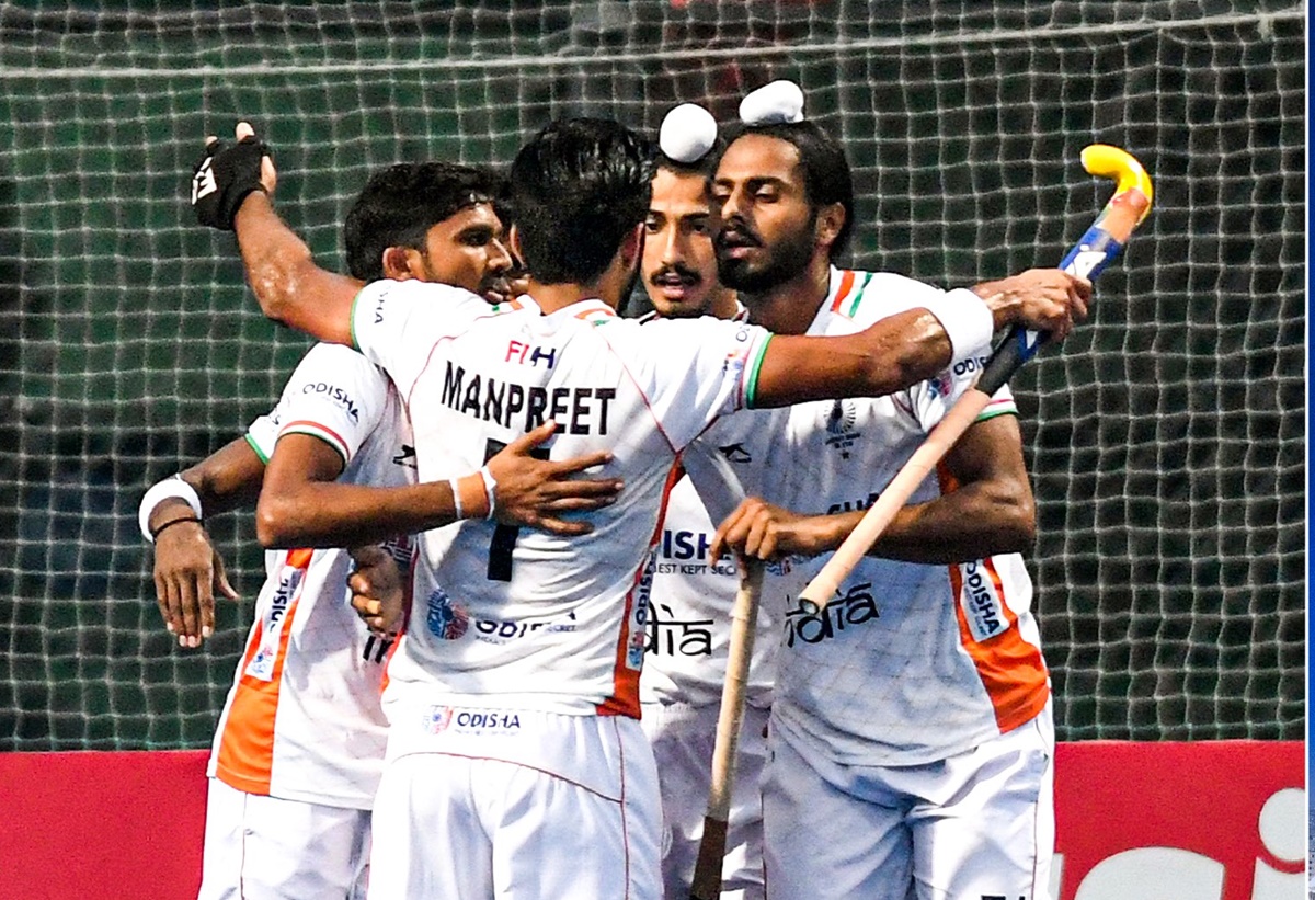 India’s players celebrate after scoring their fourth goal against Pakistan in the bronze medal match at the Asian Champions Trophy men's hockey tournament, in Dhaka, on Wednesday