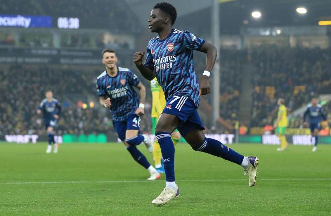 Bukayo Saka celebrates after scoring Arsenal's opening goal against Norwich City 