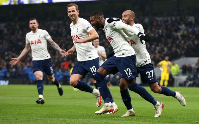 Lucas Moura celebrates with teammates Emerson Royal and Harry Kane Tottenham Hotspurs's second goal