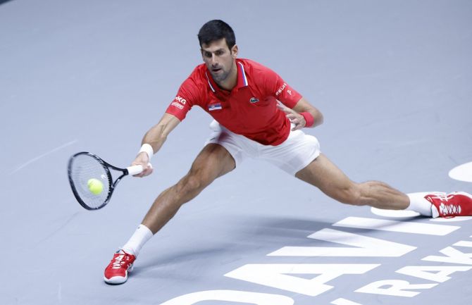 Serbia's Novak Djokovic in action during his Davis Cup Finals Group F match against Germany's Jan-Lennard Struff, at Olympiahalle, Innsbruck, Austria, on November 27, 2021.