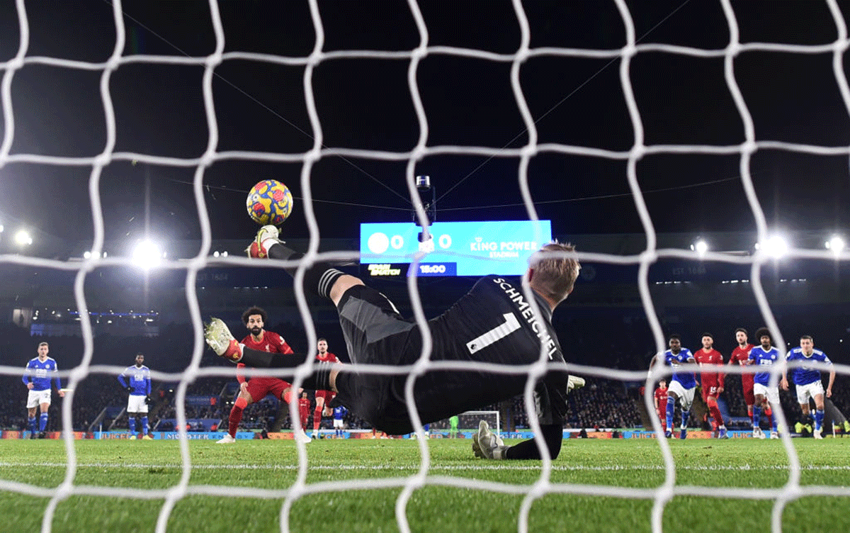 Leicester City's Kasper Schmeichel pulls off a save to deny Liverpool's Mohamed Salah a goal from the penalty spot during their match at The King Power Stadium in Leicester.