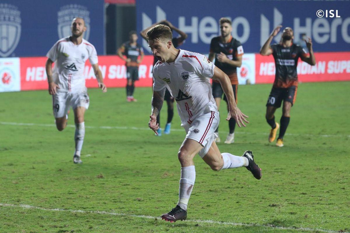 Federico Gallego celebrates on netting the winner against FC Goa in Vasco on Thursday