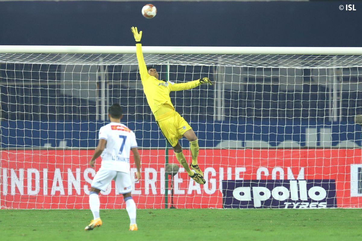 Bengaluru FC keeper Gurpreet Singh Sandhu pulls off a safe during their ISL match against Chennaiyin FC in Margao on Friday