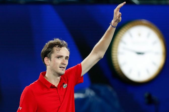 Russia's Daniil Medvedev celebrates winning his semi-final singles match against Germany's Alexander Zverev on Saturday, Day 5 of the 2021 ATP Cup